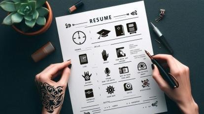 A resume with minimalist icons that hint at a person’s hobbies or skills, like a tattoo.